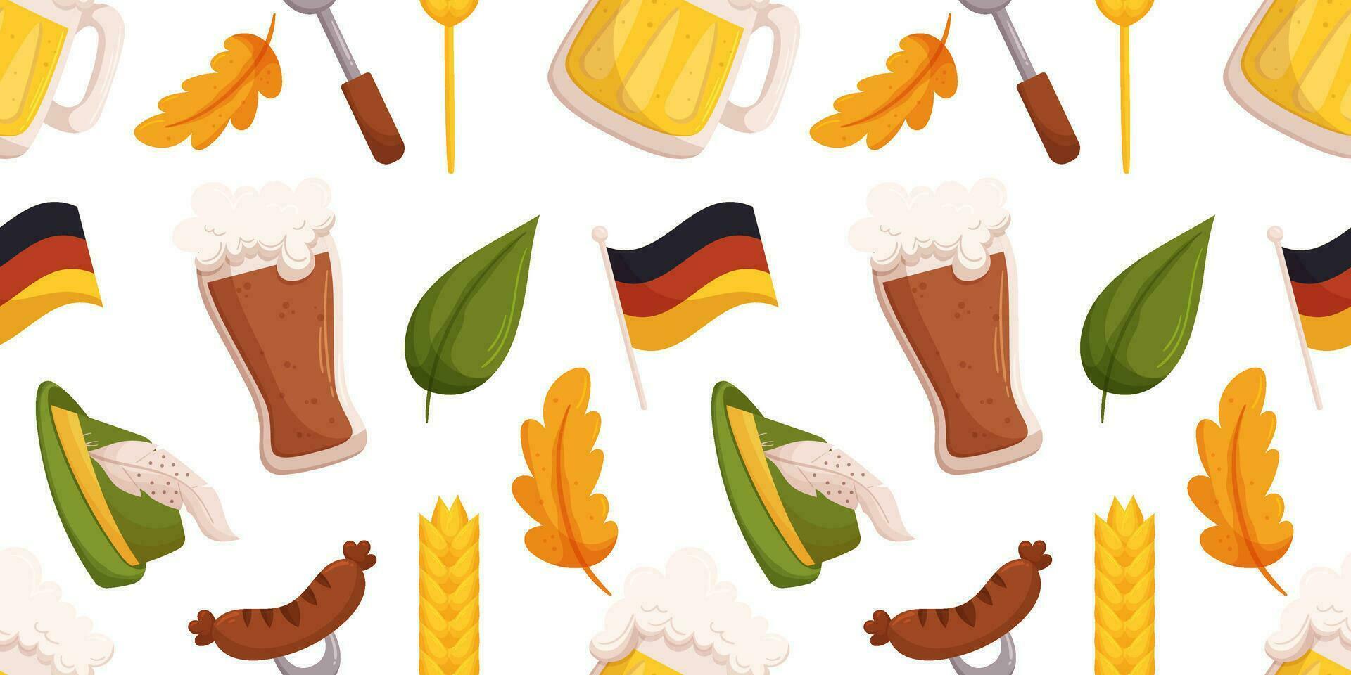 Seamless pattern with German beer festival objects such a German flag, wheat, tyrolean hat, different leaves, glass of dark and light beer vector
