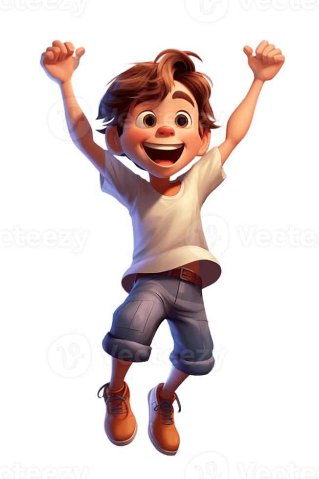 Ai Generated white kid boy dancing, jumping in joy raising hands and laughing, isolated illustration, transparent background png