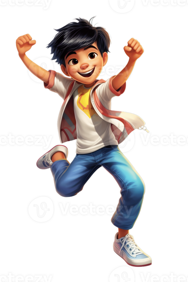 AI Generated Asian kid boy dancing, jumping in joy raising hands and laughing, isolated illustration, cartoon style character, transparent background png