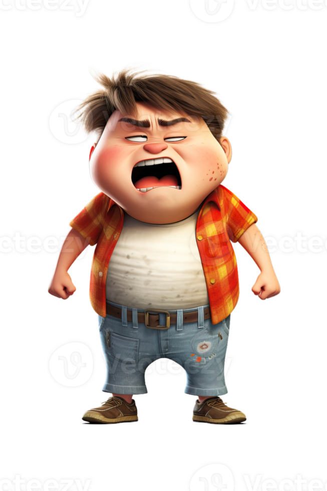 AI Generated white kid boy angry and sad, isolated illustration, cartoon style character emotion, transparent background png