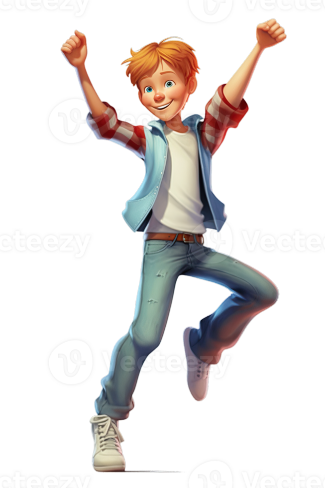 Ai Generated white kid boy dancing, jumping in joy raising hands and laughing, isolated illustration, transparent background png