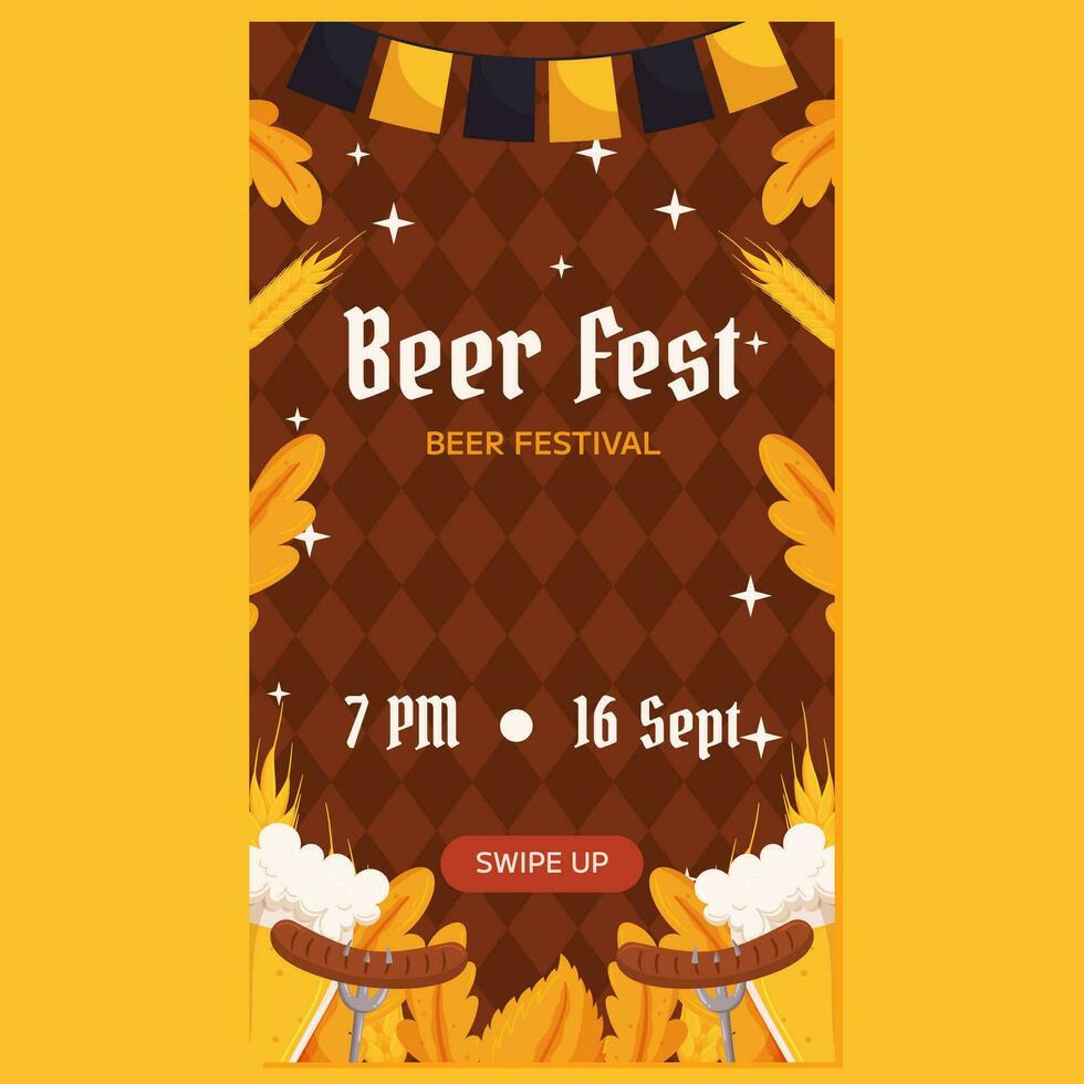 Beer festival vertical social media stories template. Design with glass of beer, forks with grilled sausage, wheat and leaves, black and yellow garland. Rhombus pattern on back vector