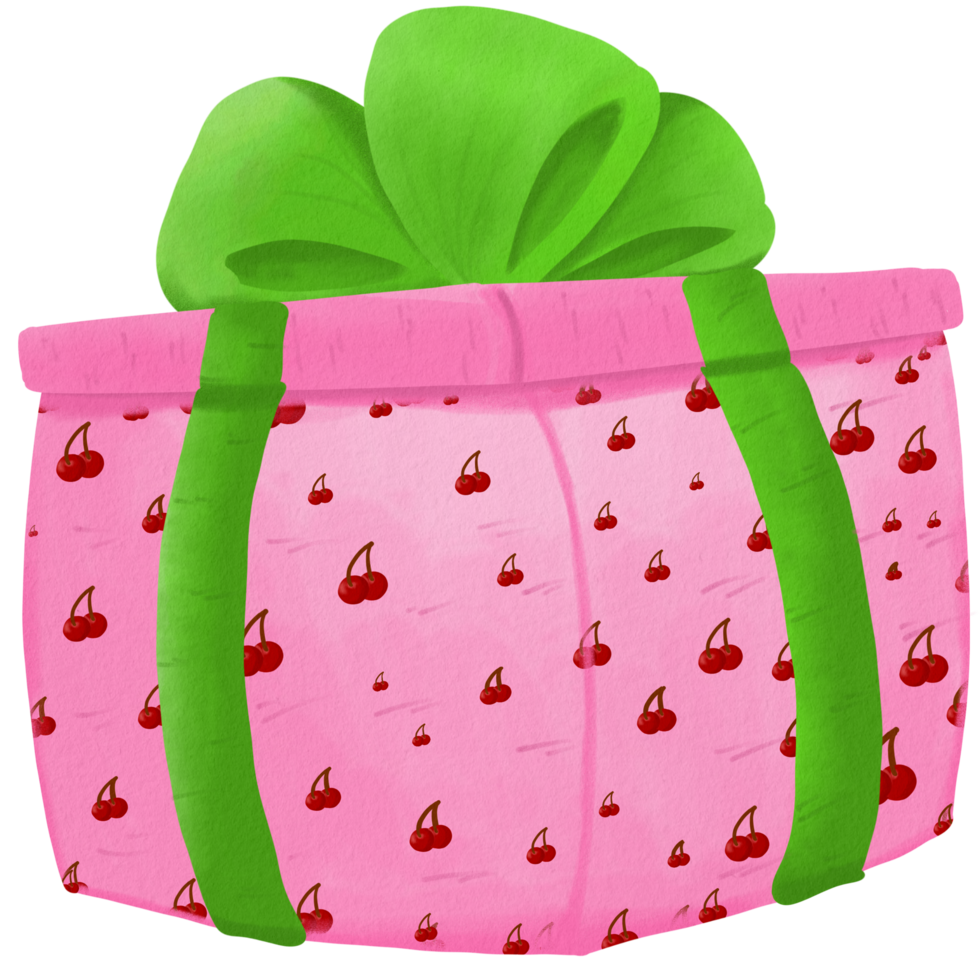 a pink gift box with green ribbon png