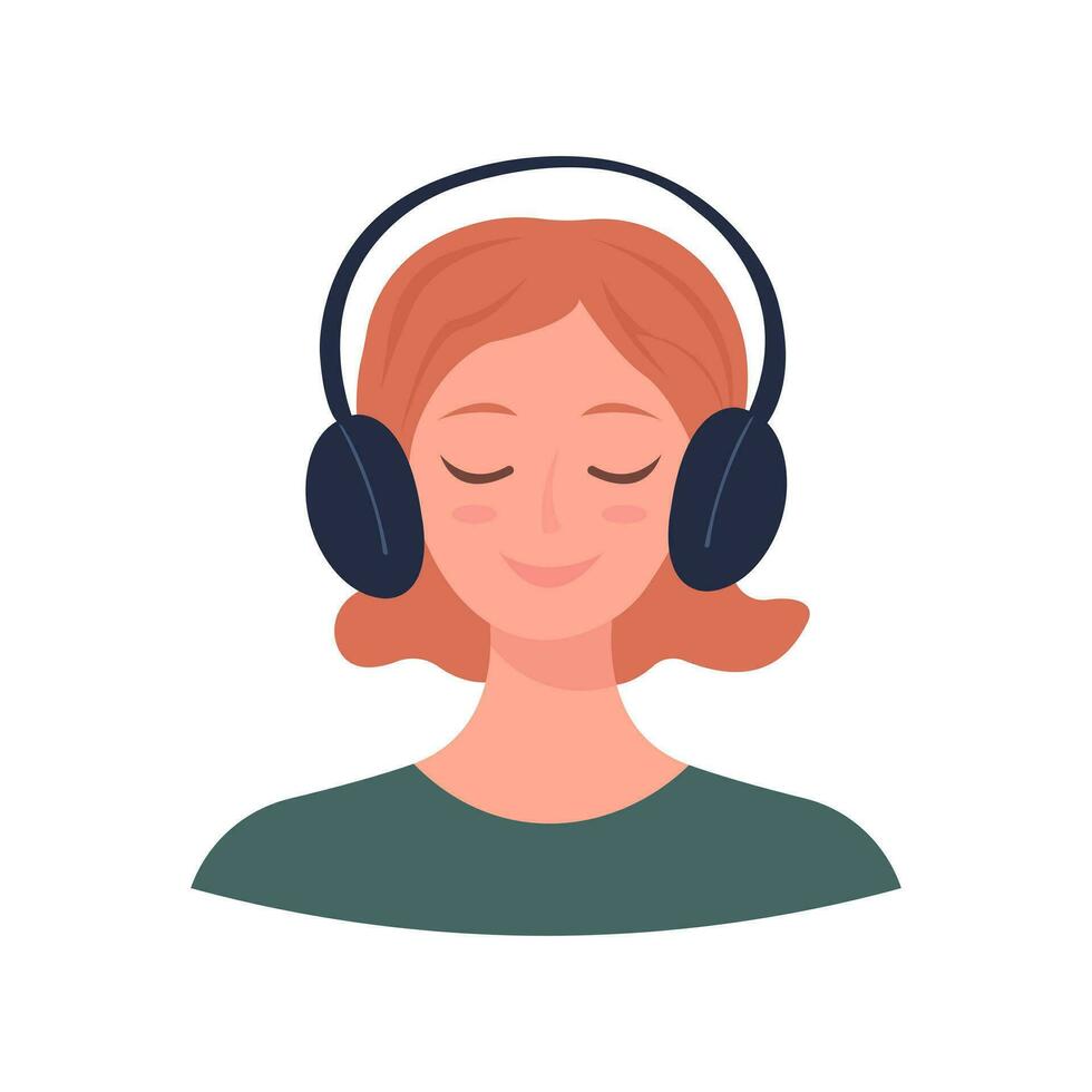 mujer con auriculares. joven sonriente mujer escuchando a música pacíficamente con su ojos cerrado. vector ilustración.