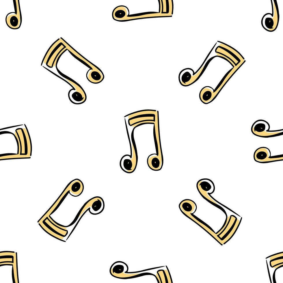 Doodle-style musical note seamless pattern. Festive concept. Hand drawn vector colored outline pattern. Yellow color.