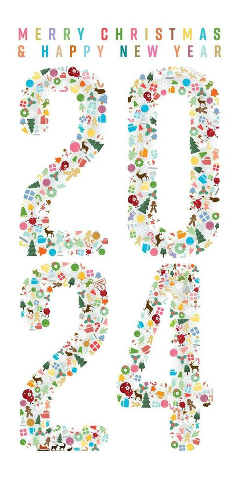 Christmas elements as 2024 on white background vertical shape flat design vector illustration. Merry Christmas and Happy New Year greeting card.