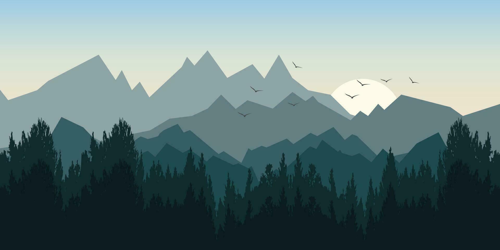 Mountains Landscape. Rural nature background with mountains of sunrise and sunset. Vector illustrator. Wall paper.