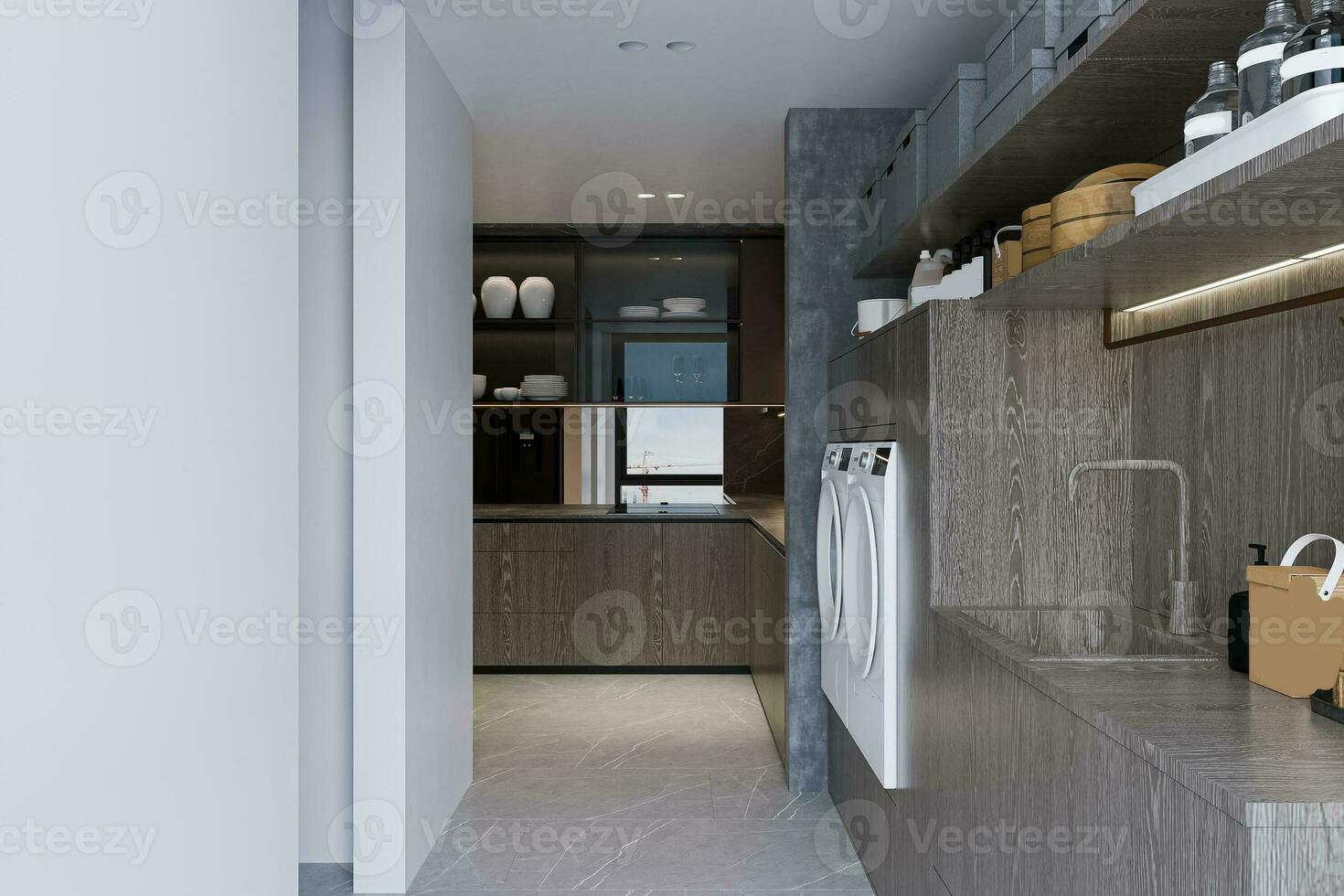 abierto cocina con todas mueble y todo usted necesitar en moderno panorama 3d representación foto