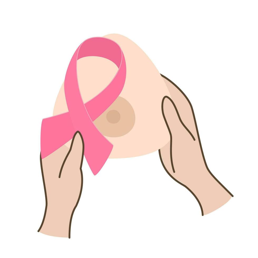 manos participación pecho prótesis con un rosado cinta. pecho prótesis para pecho cáncer paciente después mastectomía. concepto pecho cáncer conciencia mes octubre. vector ilustración.