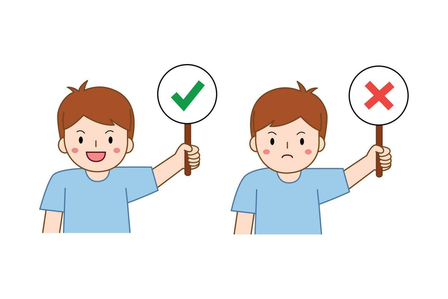 boy holding right or wrong sign. true or false concept illustration vector