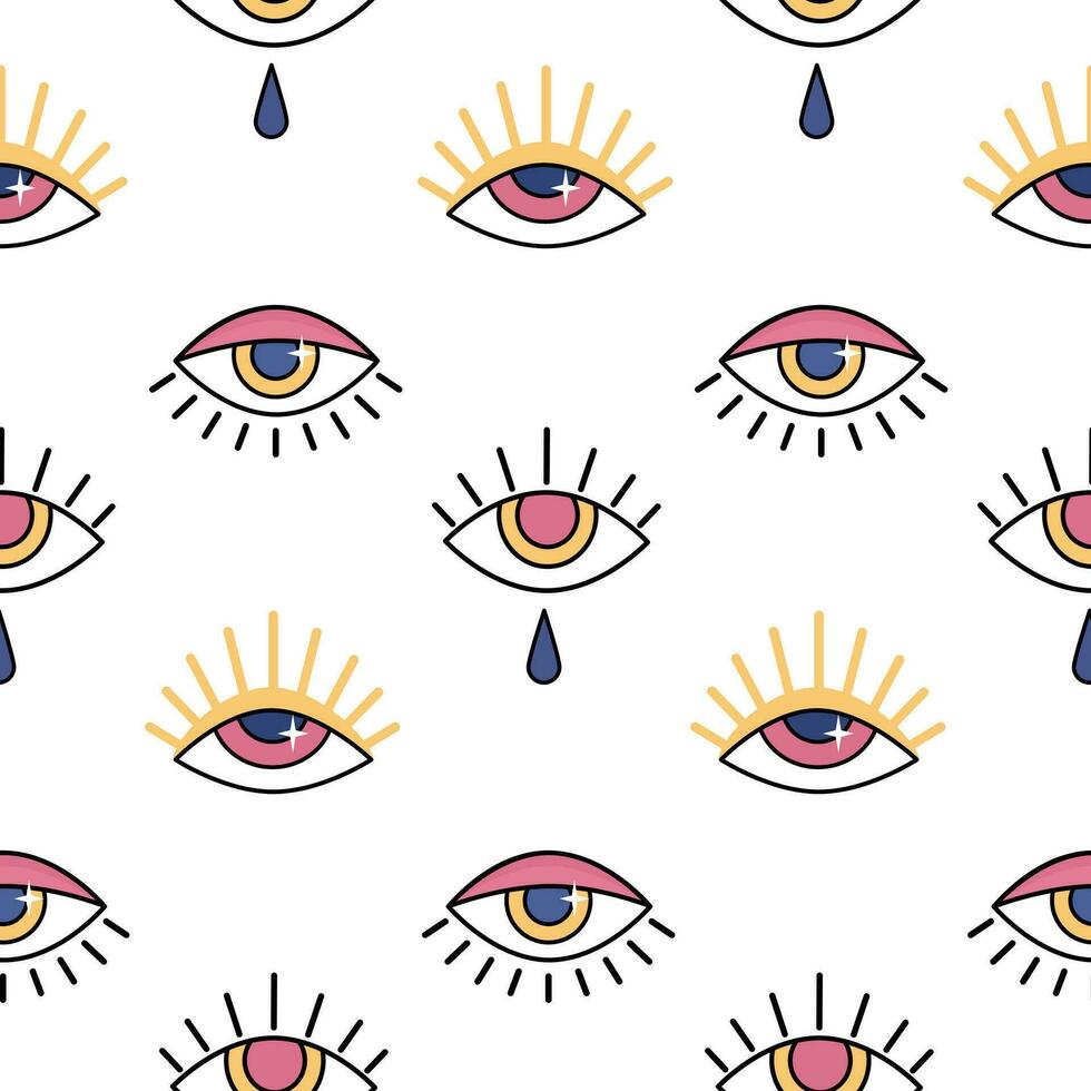 Esoteric magic eyes seamless pattern on white background. Colored evil eye icons with eyelashes and tear in flat style. Vector illustration