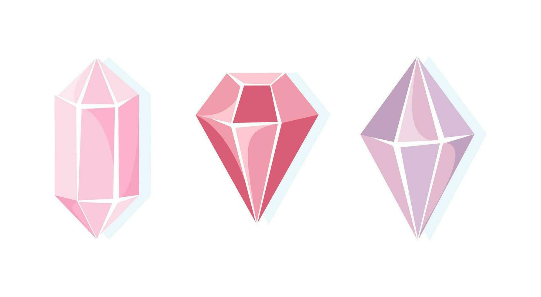 Pink crystals illustration in flat cartoon style. Rose quartz, ruby, crystal icons, design elements. Vector illustration