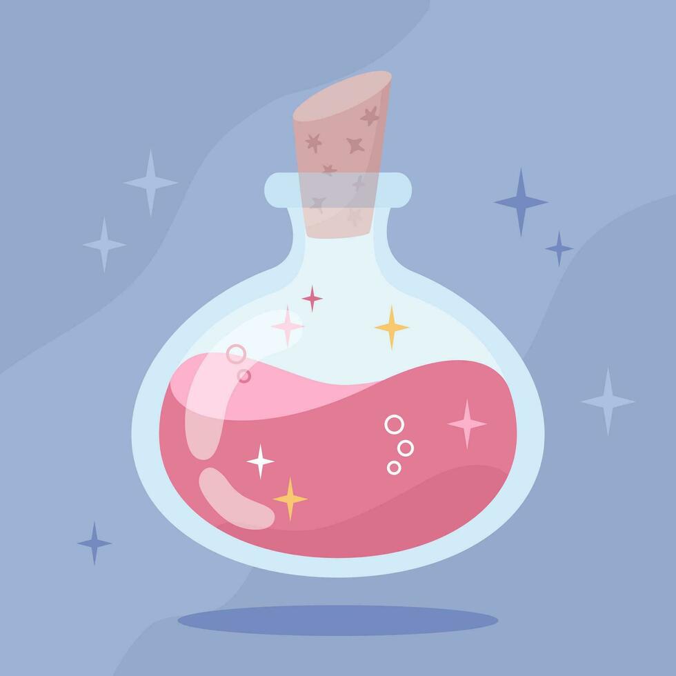 Pink magic potion in a glass bottle with a stopper, illustration in flat cartoon style. Witchcraft Halloween which attributes. Vector illustration
