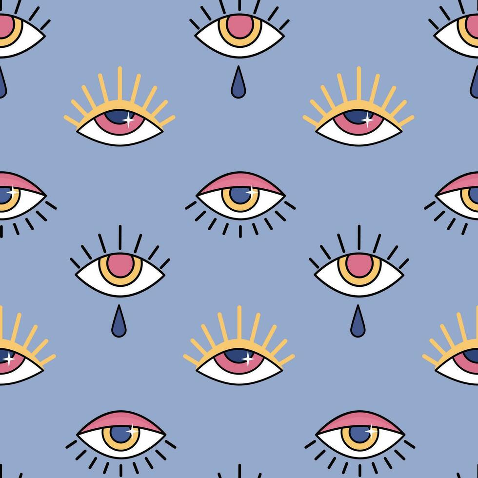 Esoteric magic eyes seamless pattern on lilac background. Colored evil eye icons with eyelashes and tear in flat style. Vector illustration