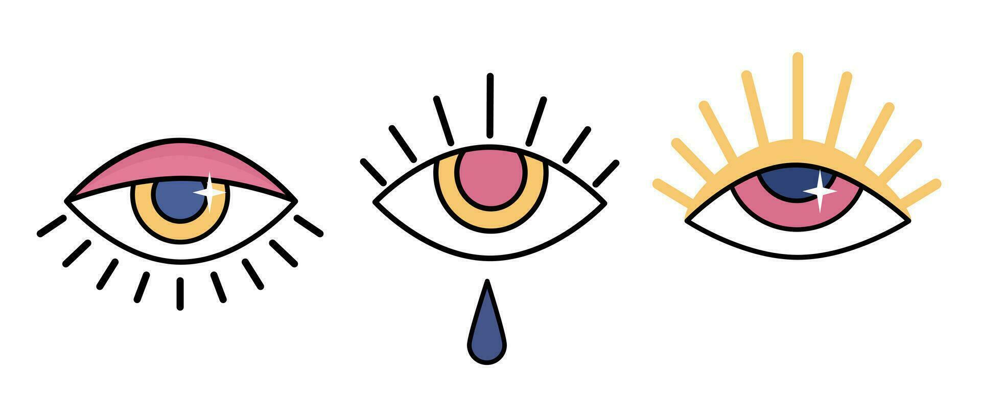 Set of magic esoteric eyes icon with tear and eyelashes in flat style. Evil eye black line symbol coloured pink, yellow and blue. Vector illustration