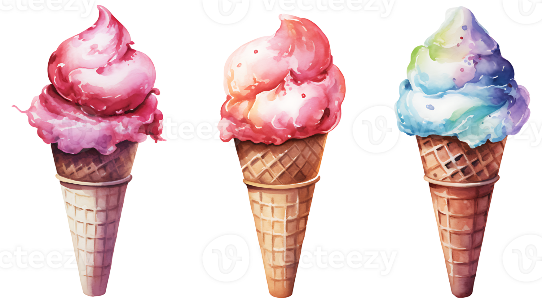 Realistic cute watercolor summer ice cream set on transparent background. ice cream png bundle AI generated