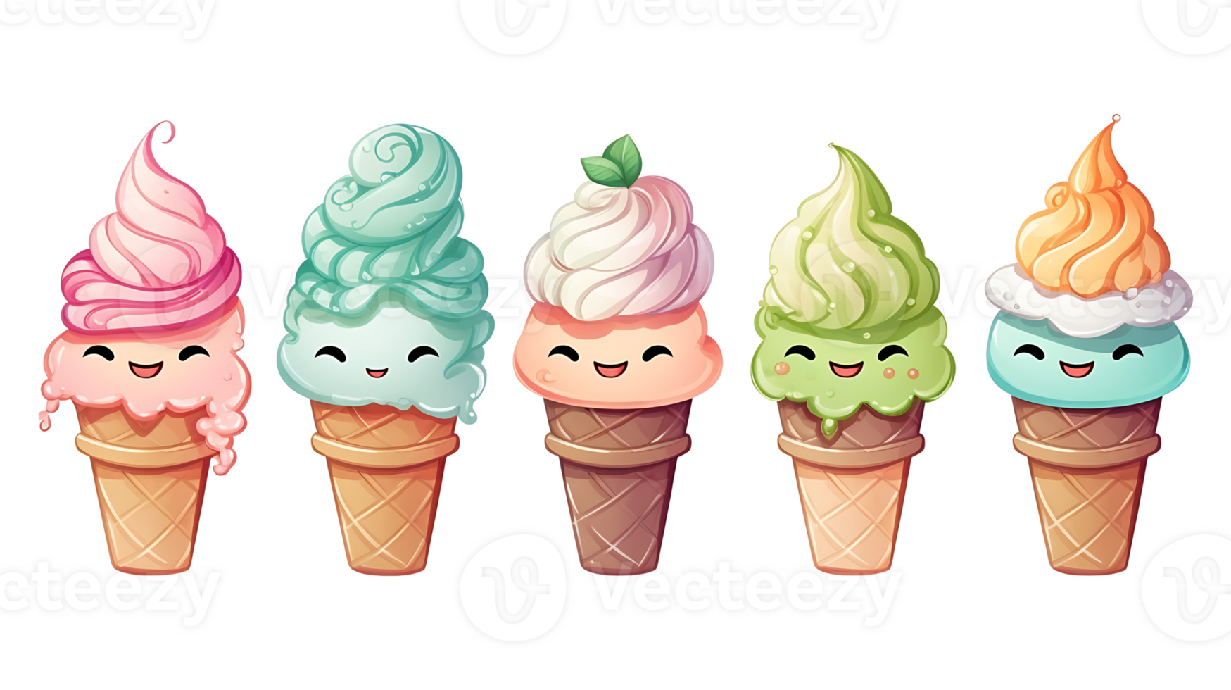 Realistic cute watercolor ice cream set on transparent background. Cartoon ice cream png bundle AI generated