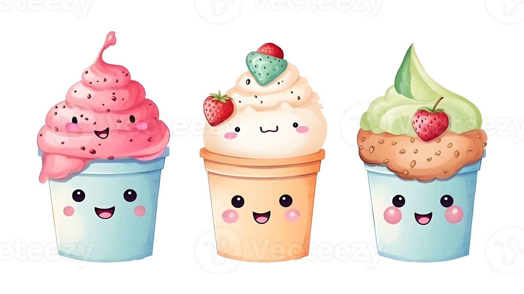 Watercolor cup ice cream set on transparent background. Cartoon ice cream png bundle AI Generated