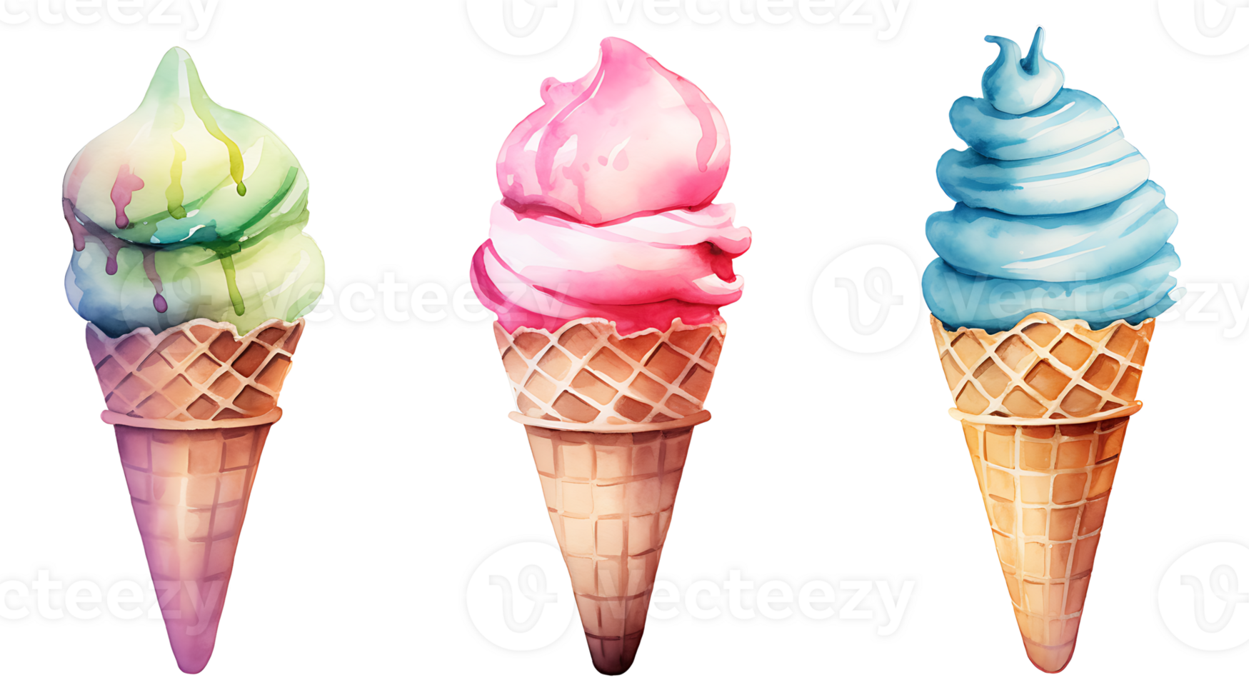 Realistic cute watercolor summer ice cream set on transparent background. ice cream png bundle AI generated