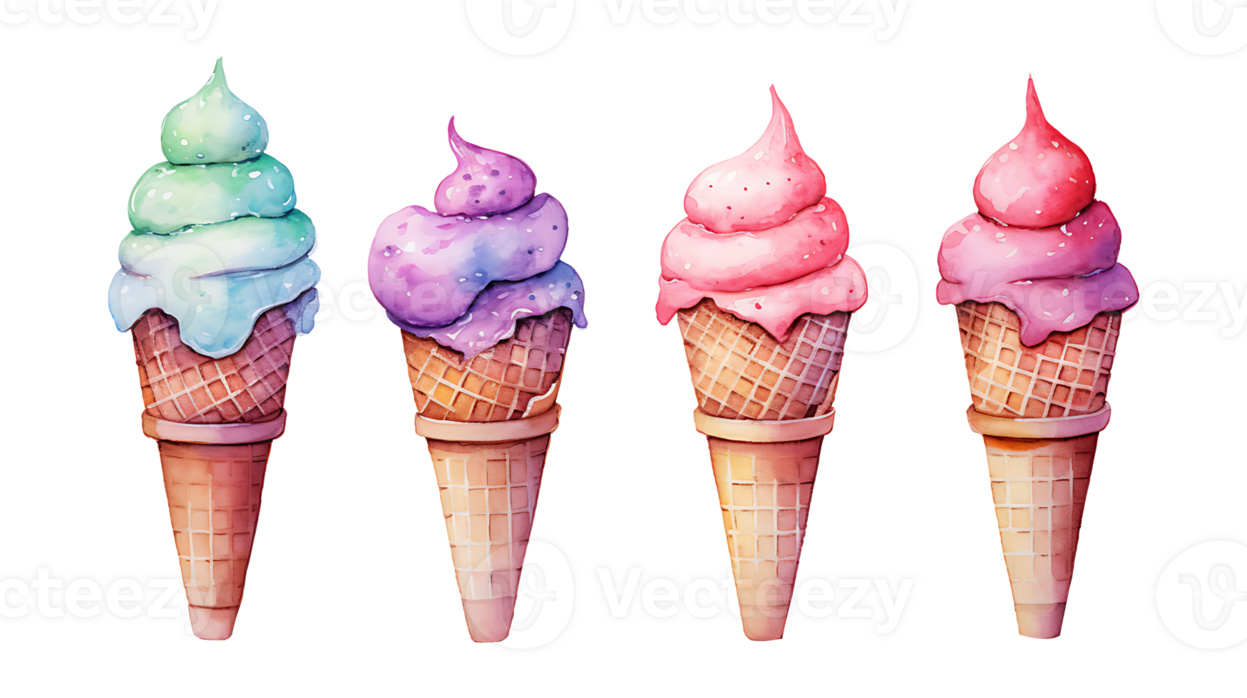 Realistic cute watercolor summer ice cream set on transparent background. ice cream png bundle AI generated