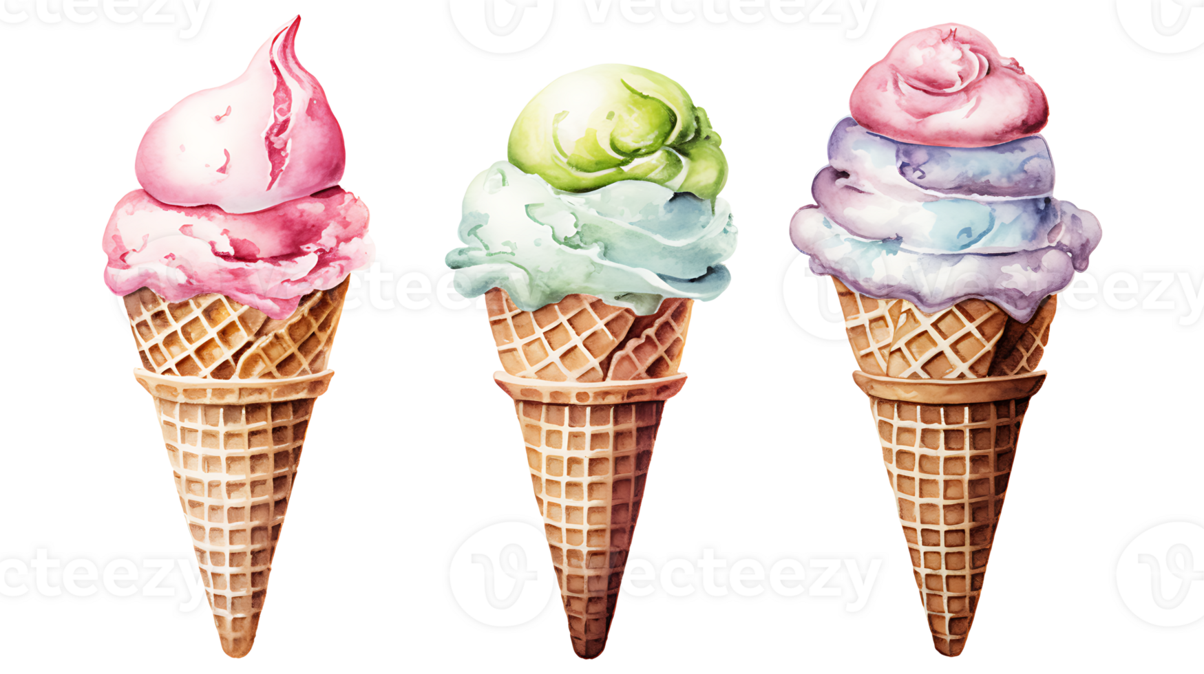 Realistic cute watercolor summer ice cream set on transparent background. ice cream png bundle AI generated