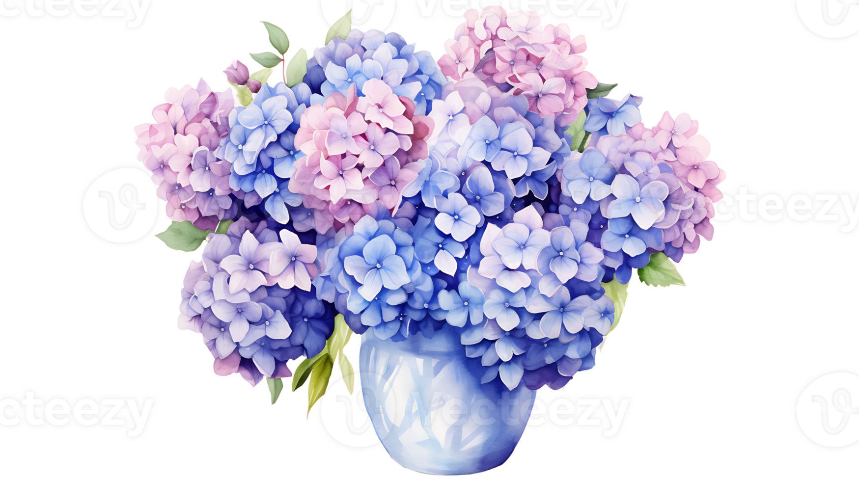 Watercolor hydrangea flowers with vase isolated on transparent background. hydrangea flower png ai generated