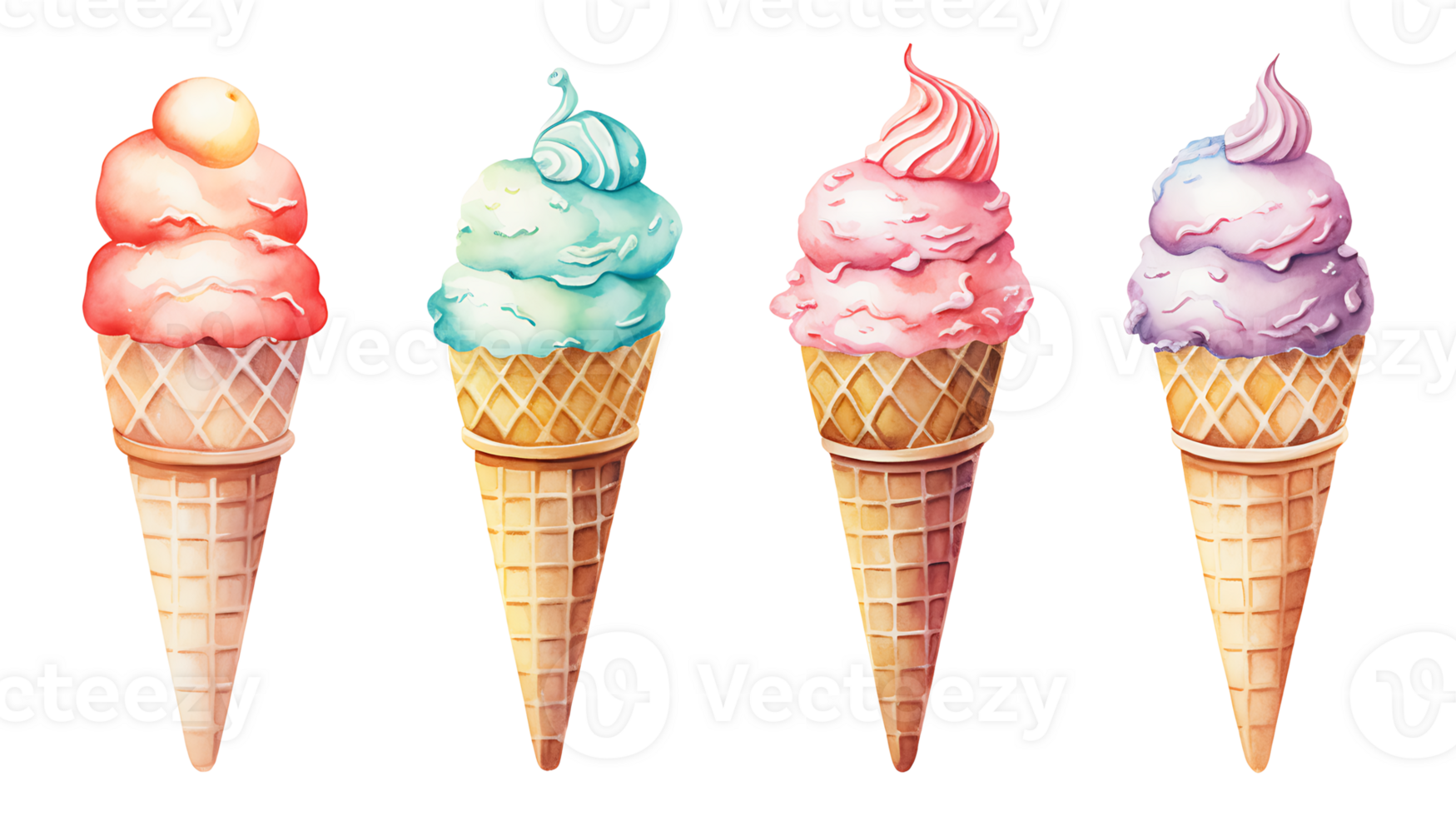 Realistic cute watercolor summer ice cream set on transparent background. ice cream png bundle AI generated