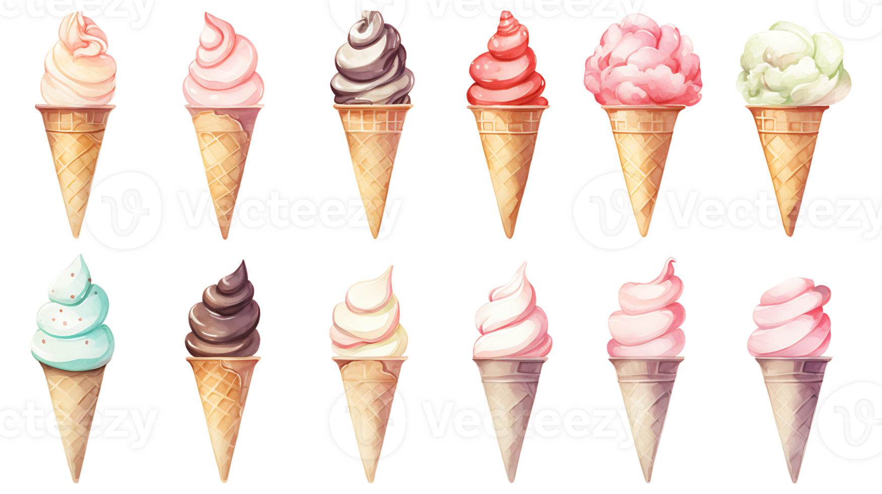 Realistic cute watercolor summer ice cream set on transparent background. ice cream png bundle AI generated