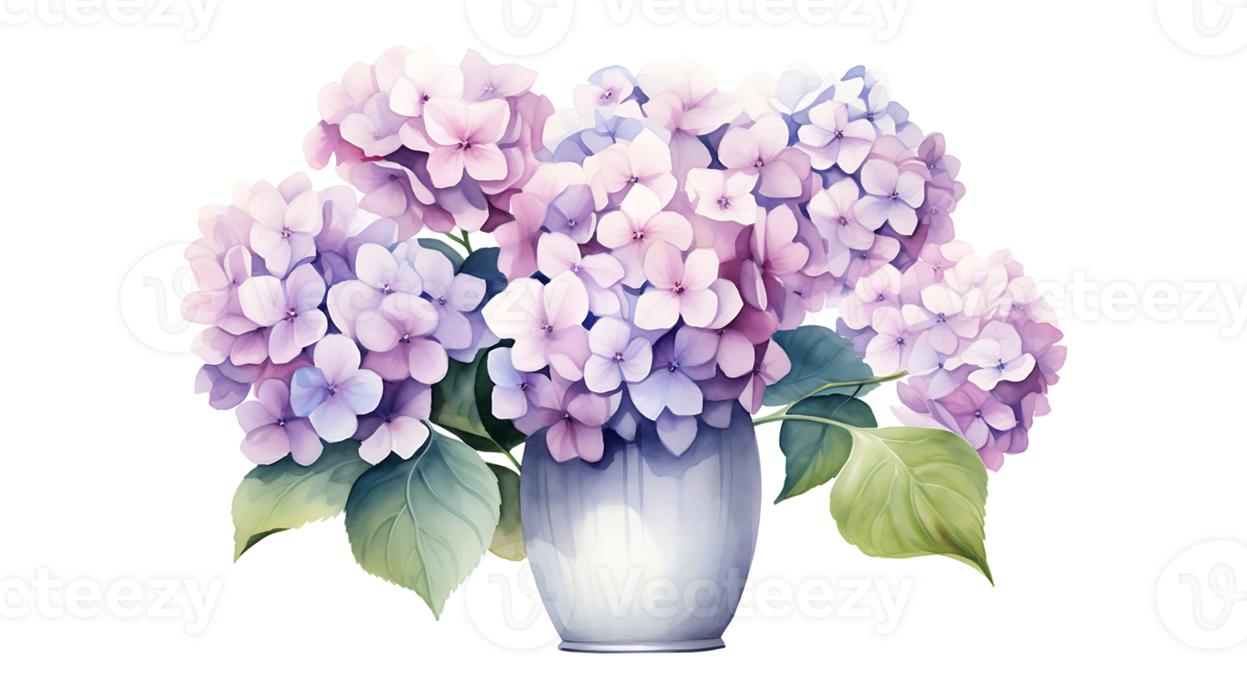 Watercolor hydrangea flowers with vase isolated on transparent background. hydrangea flower png ai generated