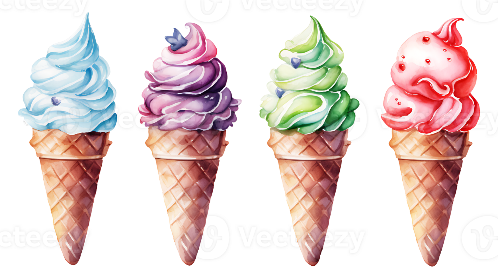 Realistic cute watercolor summer ice cream set on transparent background. ice cream png bundle AI generated