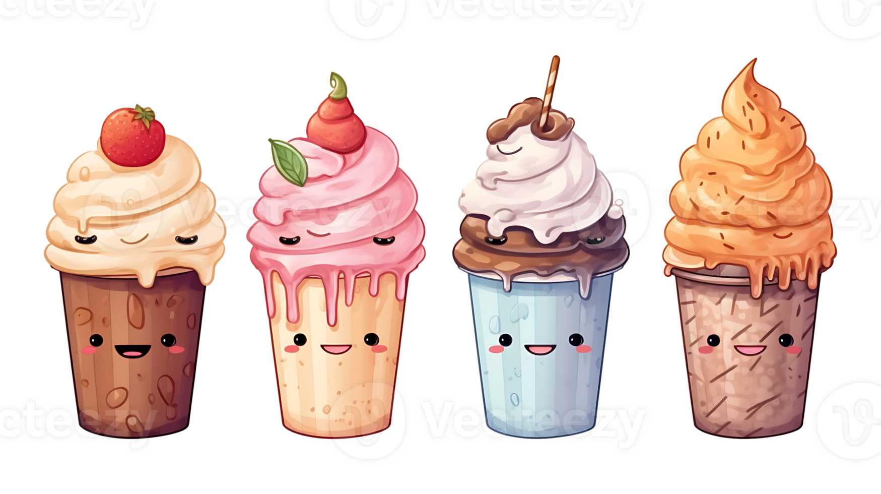 Watercolor cup ice cream set on transparent background. Cartoon ice cream png bundle AI Generated