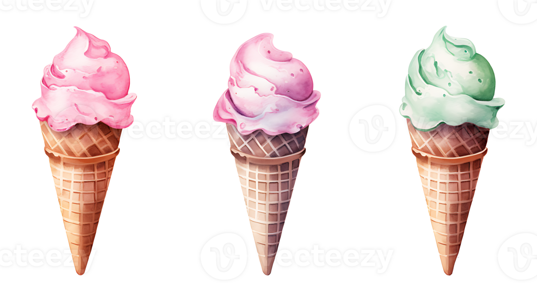 Realistic cute watercolor summer ice cream set on transparent background. ice cream png bundle AI generated
