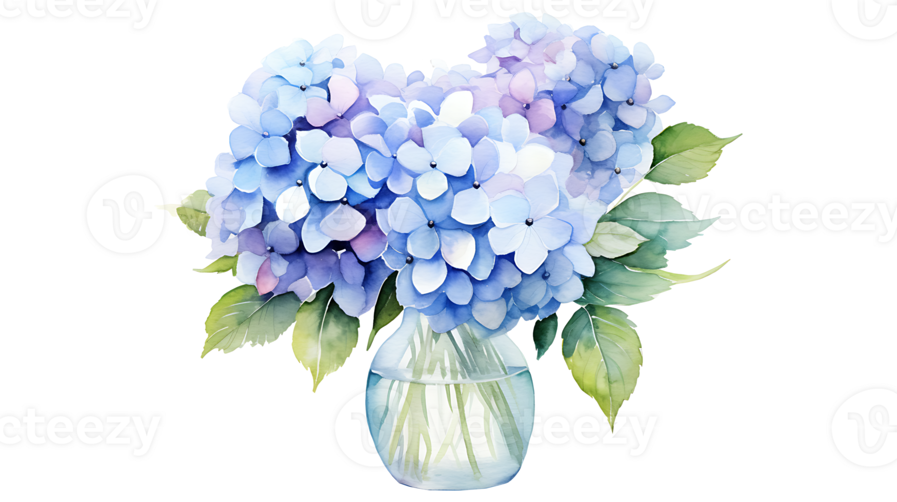 Watercolor hydrangea flowers with vase isolated on transparent background. hydrangea flower png ai generated