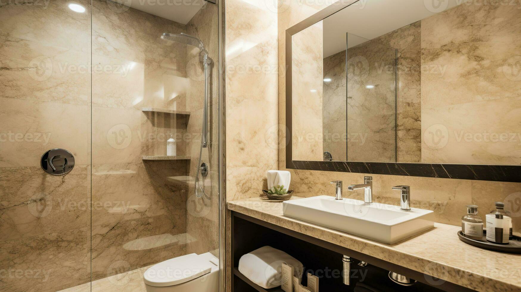 Luxury hotel bathroom Interior with beige marble walls. AI Generative photo