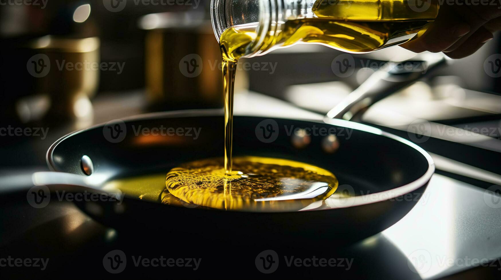 hombre torrencial girasol petróleo en fritura pan en cocina. ai generativo foto