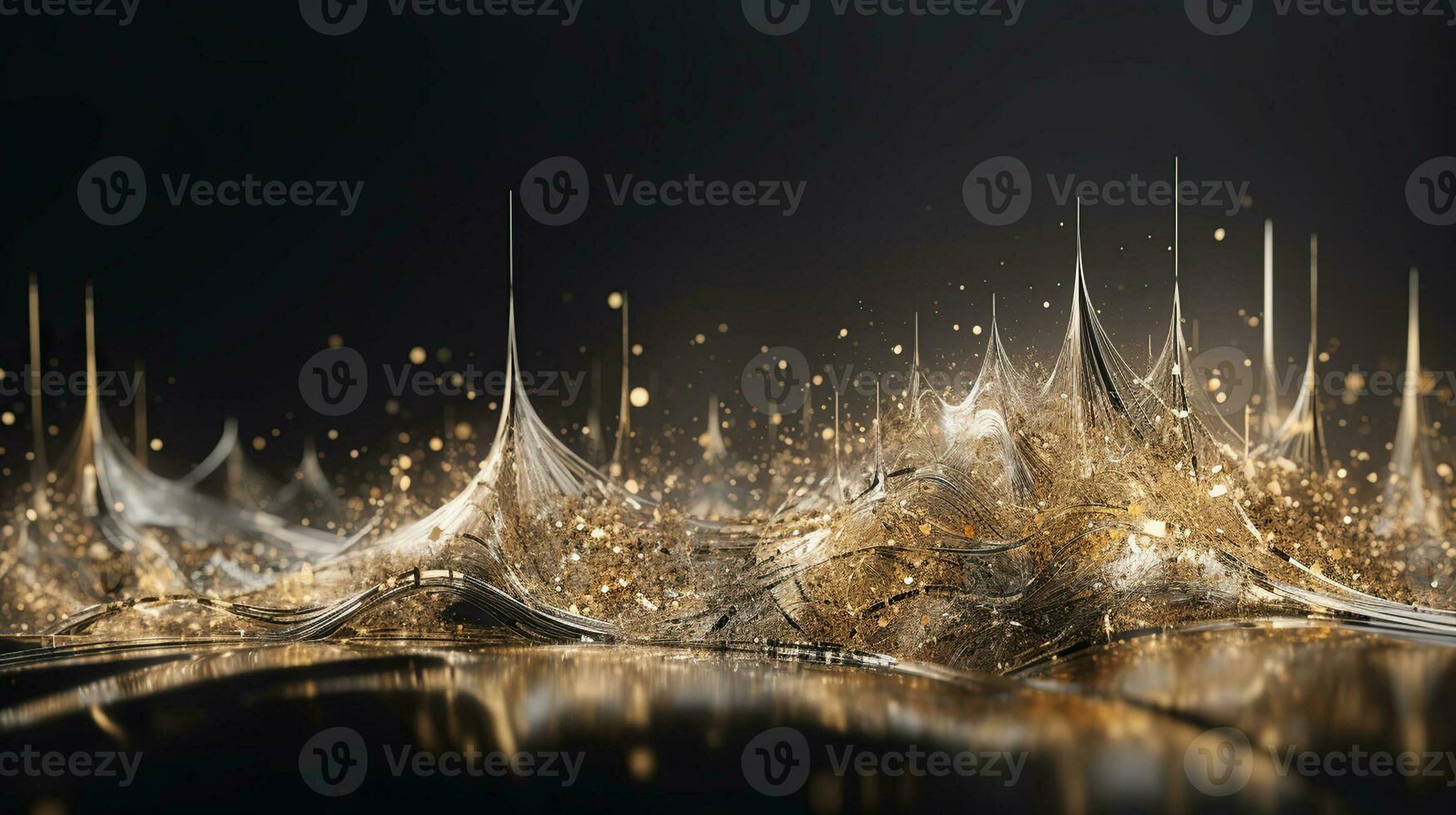 The liquid lines and stars japanese style, minimal, chaotic liquid gold and silver colors. AI Generative photo