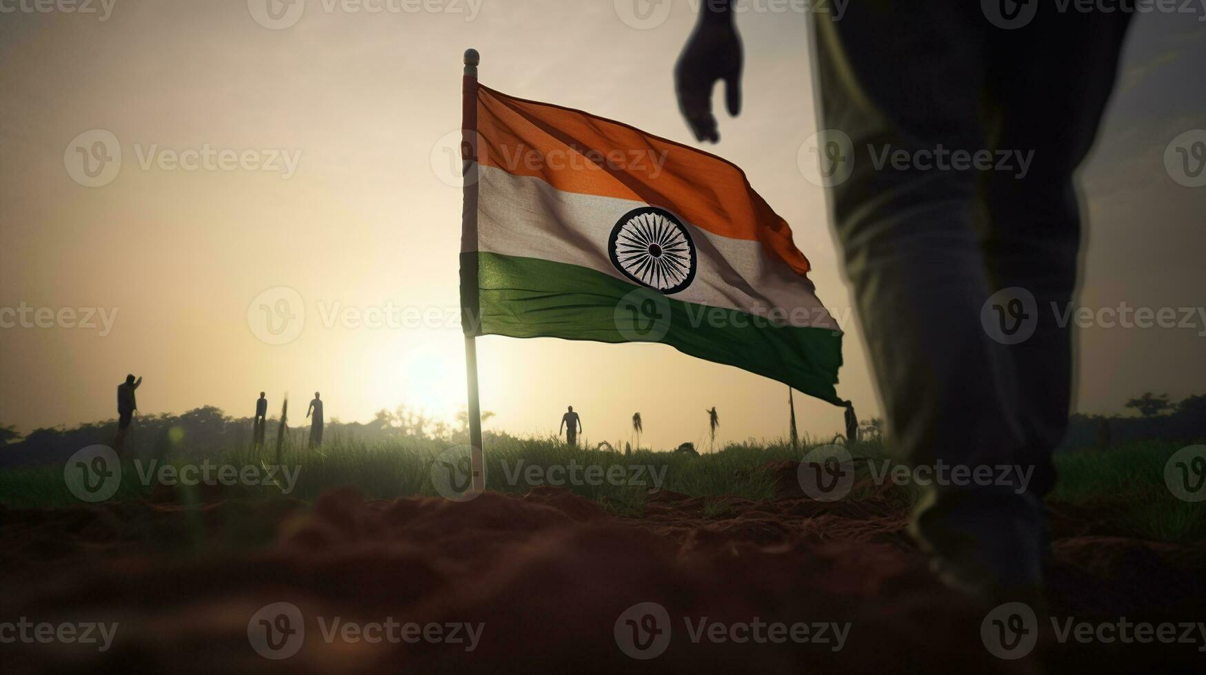 India flag being pushed into the ground by a male silhouette. Generative ai photo