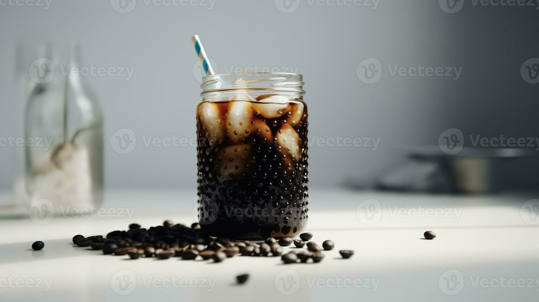 Glass of cold brew with straw and coffee beans on color table against. AI Generative photo