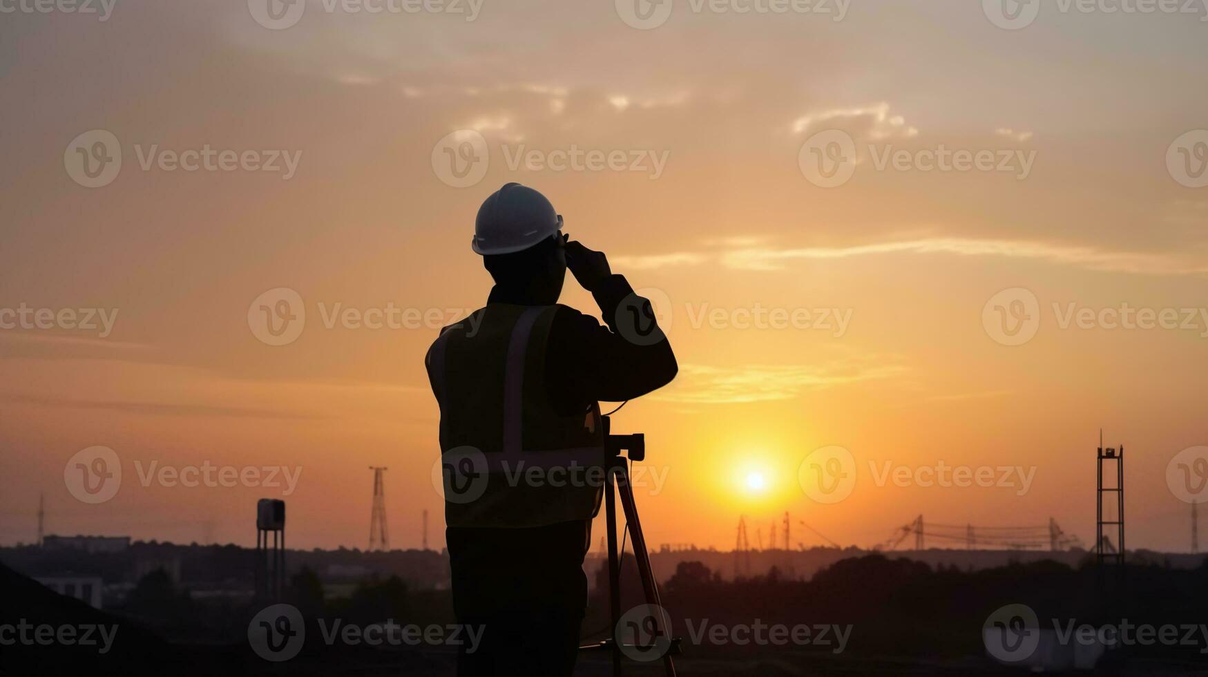 Silhouette engineer standing orders for construction crews to work on high ground heavy industry and safety concept over blurred natural background sunset pastel, generative ai photo