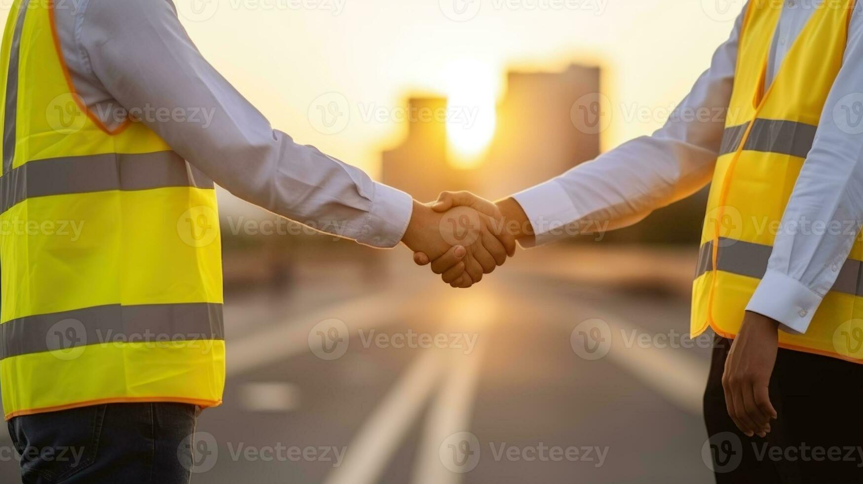 Faceless anonymous engineers in yellow waistcoat uniform shaking hands while standing on city street. Generative AI photo