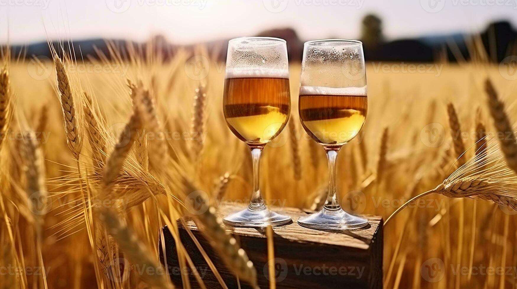 Glasses of beer in a wheat field, Generative AI photo