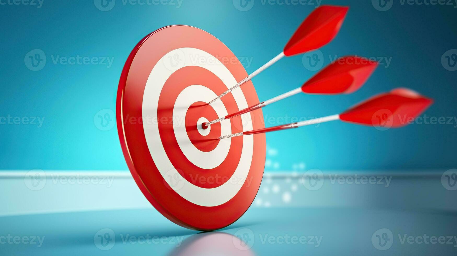 Creative illustration of red round shaped target with thin arrow representing concept of setting goals correctly on blue background, Generative AI photo