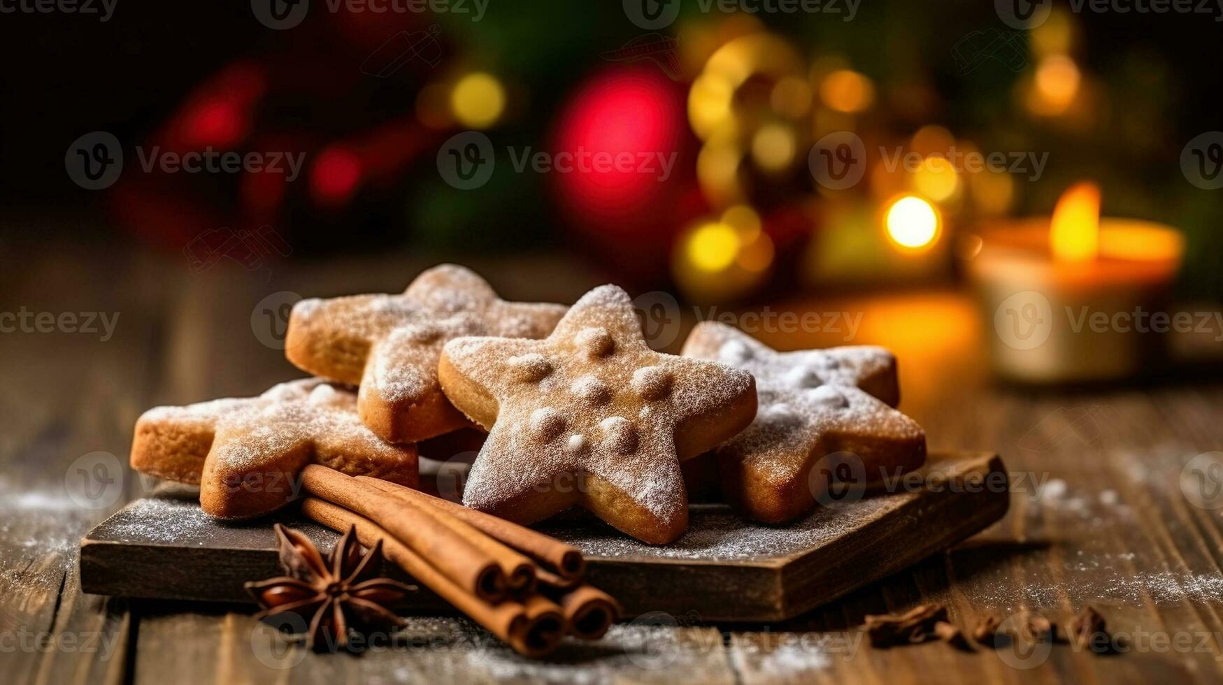 Traditional german Christmas cookies - cinnamon stars on rustic background, Generative AI photo
