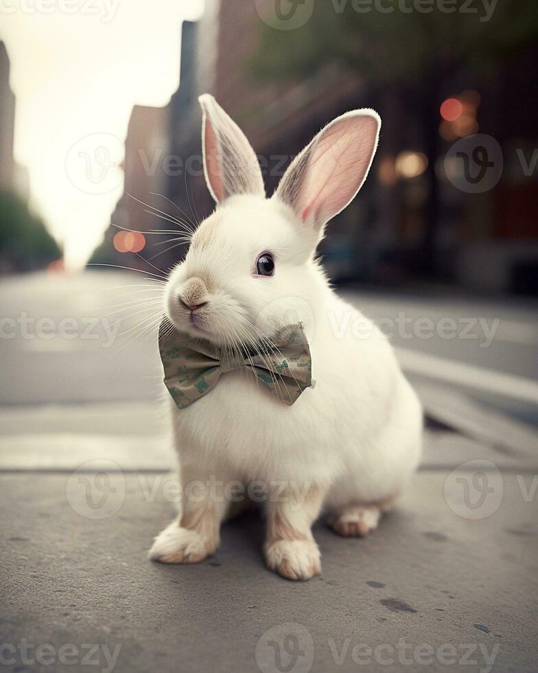 A funny cute white baby rabbit wearing a soft pink bow tie AI Generated Image photo