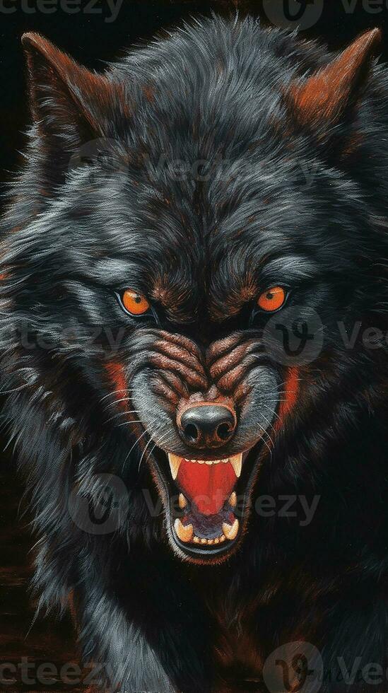 Black wolf angry close-up front view Beautiful wildlife AI Generated Image photo