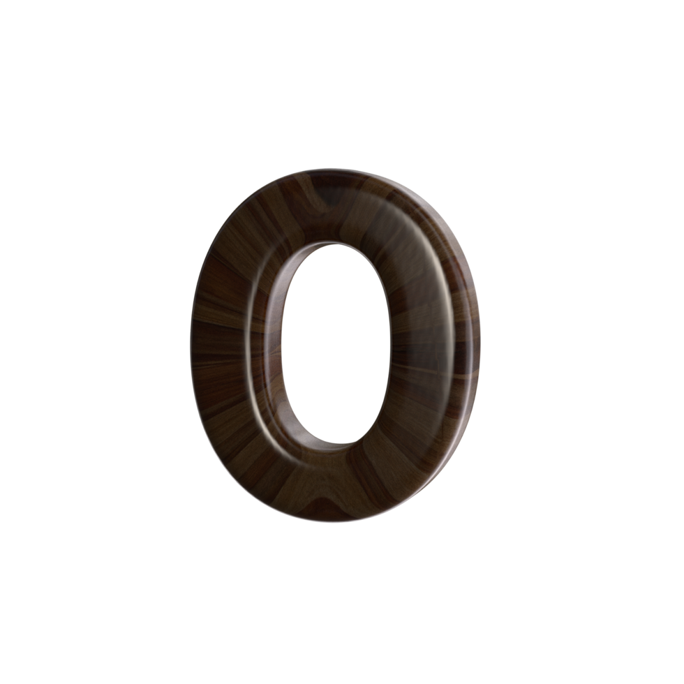 Number 0 3D render with wood material png