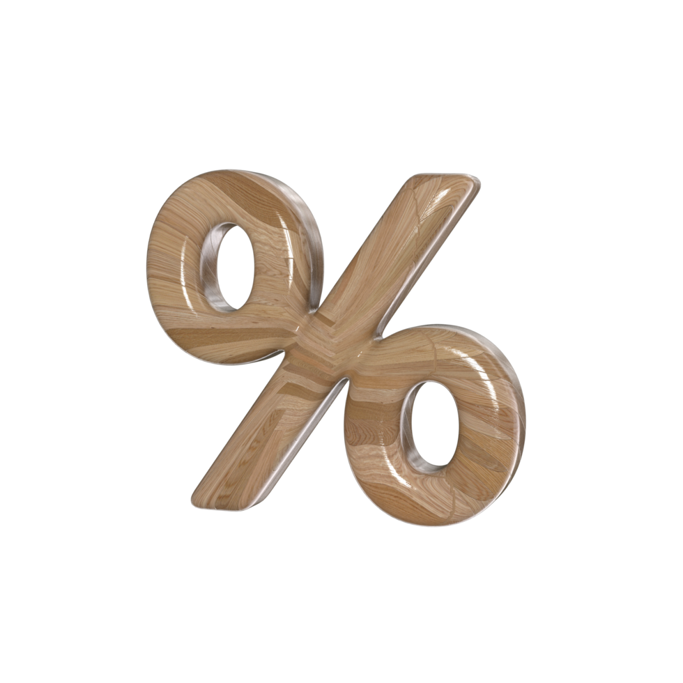 Percent Sign 3D render with wood material png