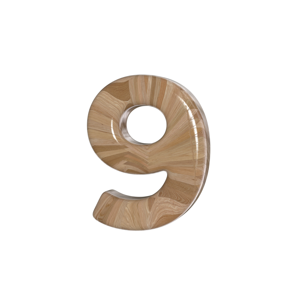 Number 9 3D render with wood material png