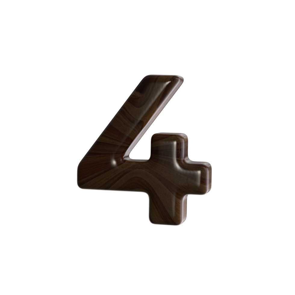 Number 4 3D render with wood material png