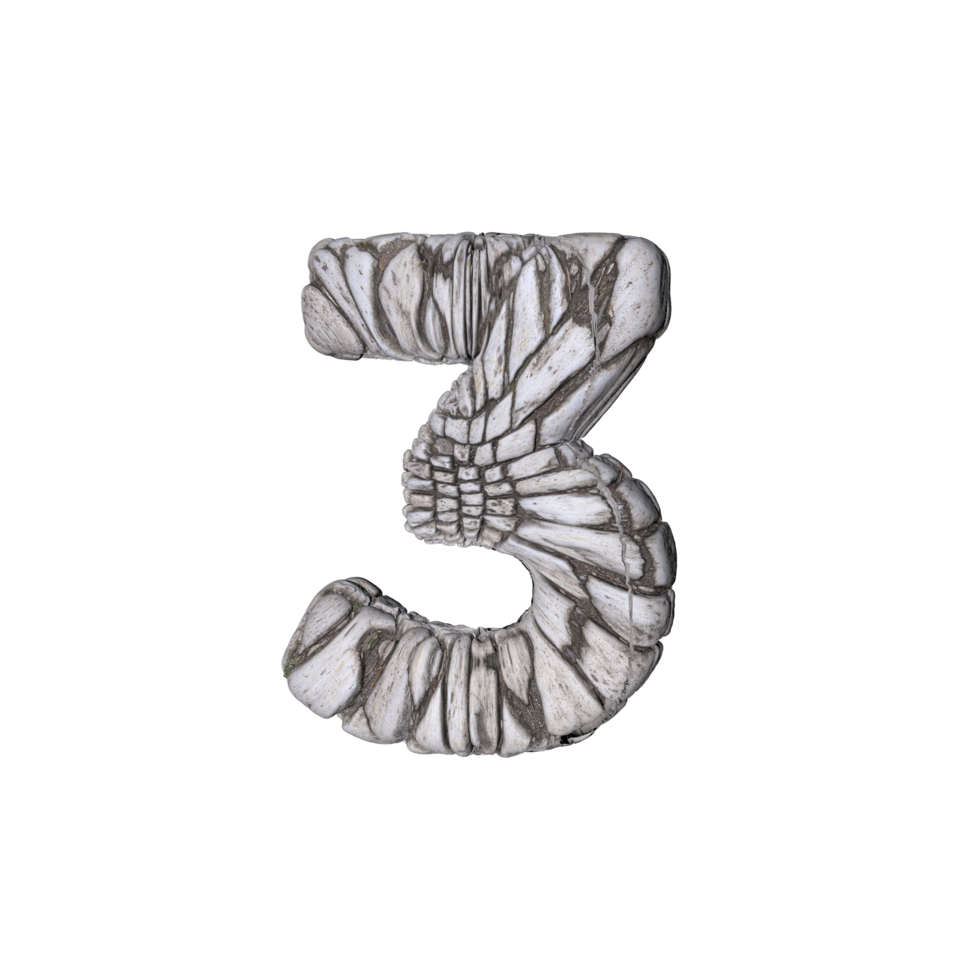 Number 3 3D render with Stone Material png